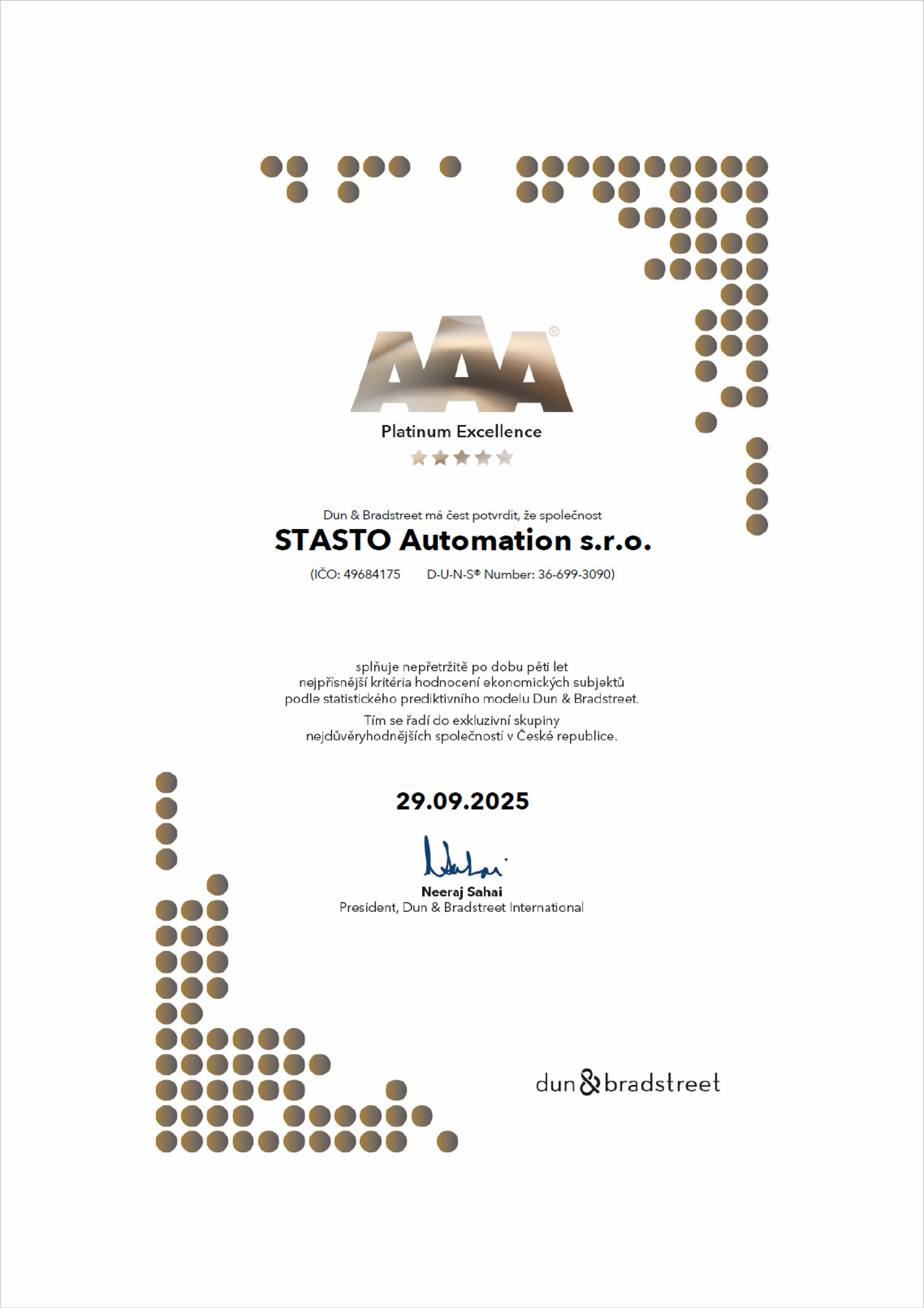 STASTO Automation opět získalo nejvyšší ocenění AAA Platinum od Dun & Bradstreet.